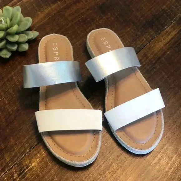 Esprit Shoes - ESPIRIT | White & Silver Slip-On Flat Sandals